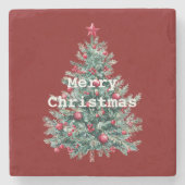 グリーンレッドメリークリスマスツリー ストーンコースター (正面)