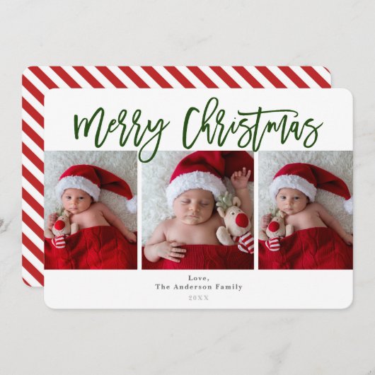 グリーンレッドメリークリスマスホリデー3写真撮影 招待状 (正面/裏面)
