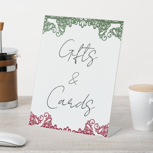 グリーンレッドレースエレガントフィエスタウェディングギフトカード 台座サイン (インサイチュ)