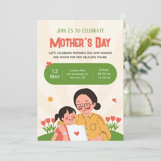 グリーンレッド図解入りの、写真付きのマザーズデイ招待状 招待状 (スタンド正面)