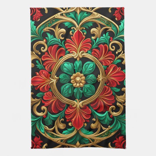 グリーンレッド装飾ホリデーキッチンタオル キッチンタオル (縦)