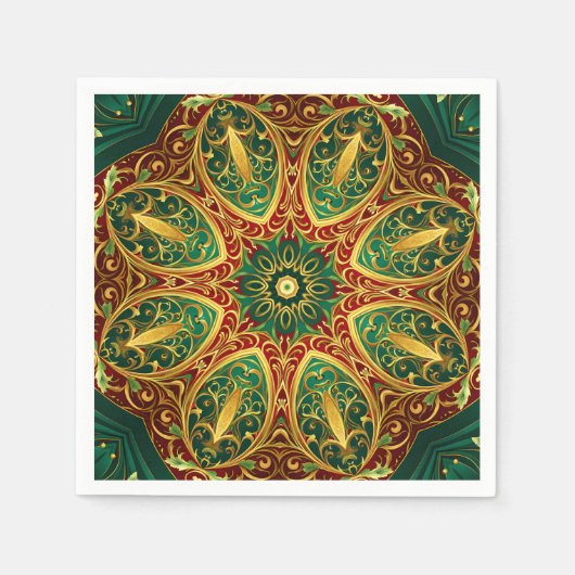 グリーンレッド金ゴールド装飾クリスマスホリデーナプキン スタンダードカクテルナプキン (正面)