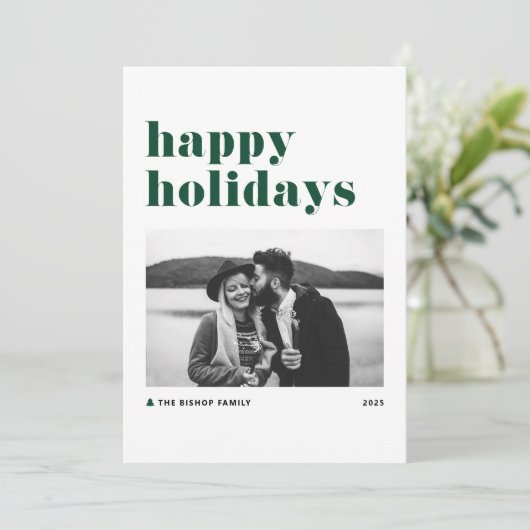 グリーンレトロはっきりしたタイポグラフィフォトハッピーホリデイズ シーズンカード (スタンド正面)