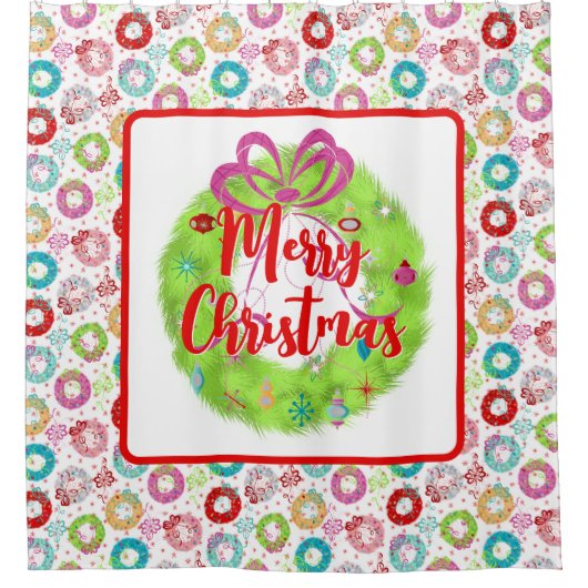 グリーンレトロクリスマスリース シャワーカーテン (正面)