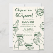 グリーンレトロハンドドローファンキード30歳の誕生日 招待状 (正面)