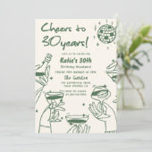 グリーンレトロハンドドローファンキード30歳の誕生日 招待状 (スタンド正面)