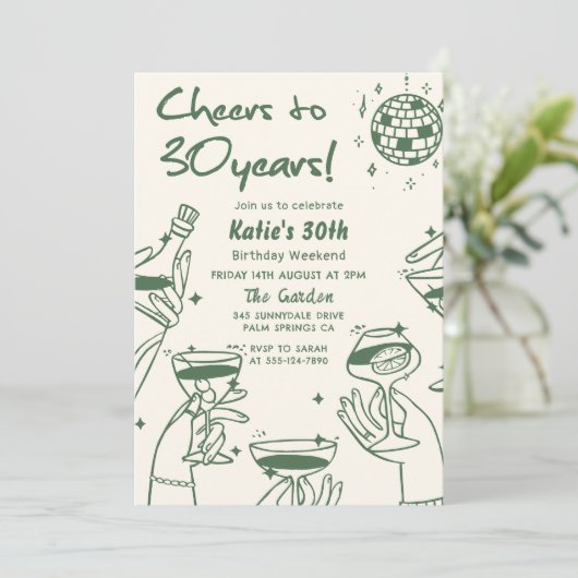 グリーンレトロハンドドローファンキード30歳の誕生日 招待状 (スタンド正面)