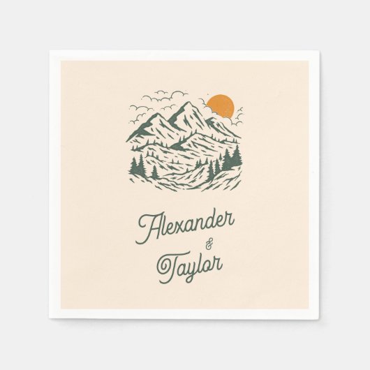 グリーンレトロヴィンテージマウンテンランドスケープ結婚ズ スタンダードカクテルナプキン (正面)