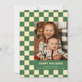 グリーンレトロ市松模様にGroovy Happy Holidays写真 シーズンカード (正面)