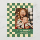 グリーンレトロ市松模様にGroovy Happy Holidays写真 シーズンポストカード (正面)