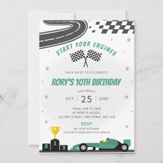 グリーンレーシングカーの誕生日パーティーへの招待 招待状