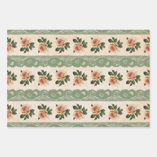 グリーンレースとピンクローズヴィンテージ ラッピングペーパーシート (正面)