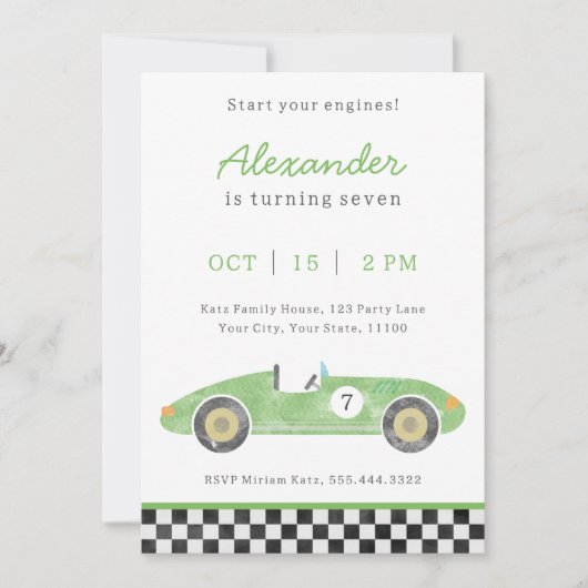 グリーンレースカーの誕生日の招待状 案内状 (正面)