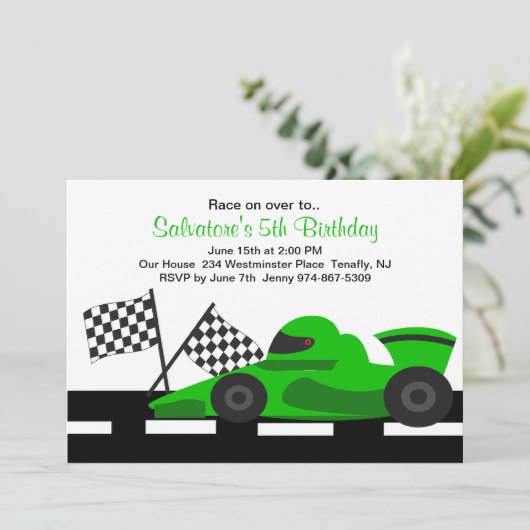 グリーンレースカーボーイズ誕生日招待状 招待状 (スタンド正面)