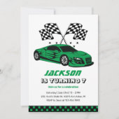 グリーンレースカーレーシングキッズボーイズ誕生日 招待状 (正面)
