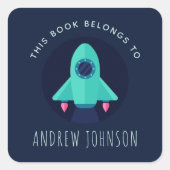 グリーンロケット宇宙船宇宙テーマボーイズ蔵書票 スクエアシール (正面)