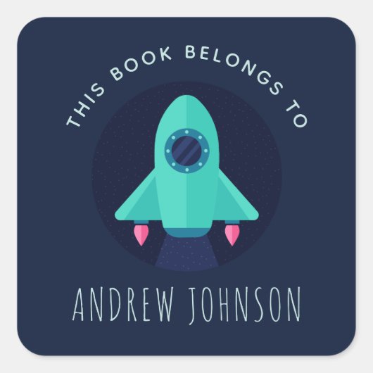 グリーンロケット宇宙船宇宙テーマボーイズ蔵書票 スクエアシール (正面)