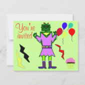 グリーンロボットガールとバルーンのカップケーキ誕生日 招待状 (正面)