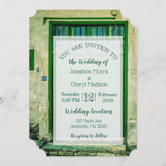 グリーンロマンチックドア結婚式招待状 招待状 (正面/裏面)
