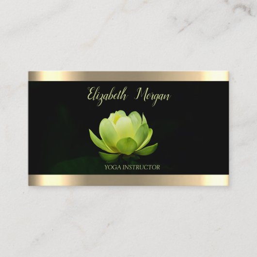 グリーンロータスフラワーゴールドストライプブラックヨガ 名刺 (正面)