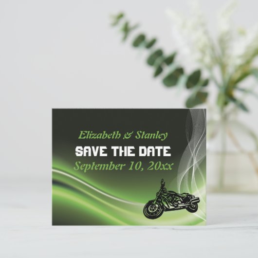 グリーンロードバイクもしくは自転車に乗る人/モーターサイクルウェディング日付を保存 案内ポストカード (スタンド正面)