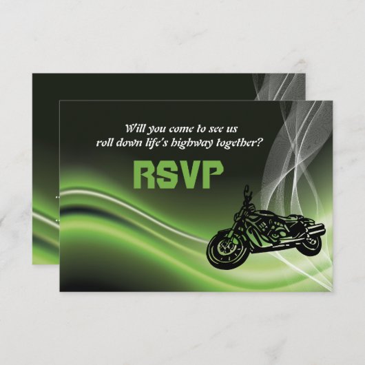 グリーンロードバイクもしくは自転車に乗る人/モーターサイクルウェディングRSVP応答 出欠カード (正面/裏面)
