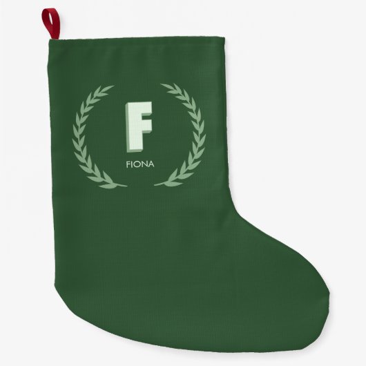 グリーンローレルリースのイニシャルFモノグラム ラージクリスマスストッキング (正面)