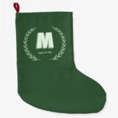 グリーンローレルリースのイニシャルMモノグラム ラージクリスマスストッキング (正面)