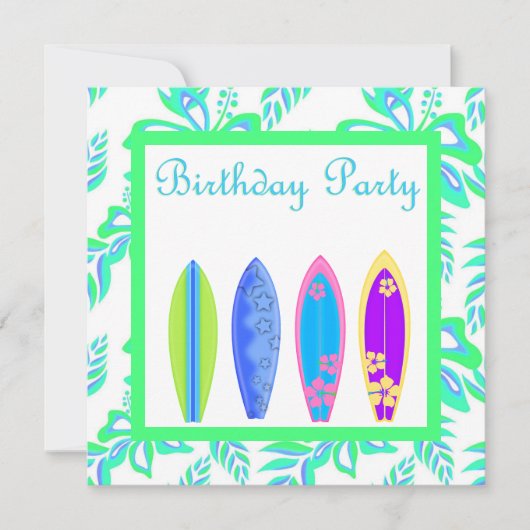 グリーンワイプアウトパーティの招待状サーフボード 招待状 (正面)