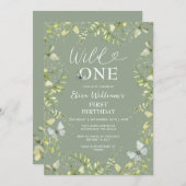 グリーンワイルドフラワーワイルドワンバタフライパーティー 招待状 (正面/裏面)