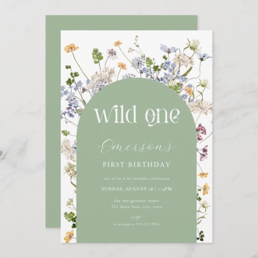 グリーンワイルドフラワーワイルドワン誕生日招待状 招待状 (正面/裏面)