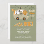 グリーンワイルドワンサファリアニマルズファースト誕生日インヴィ 招待状 (正面/裏面)