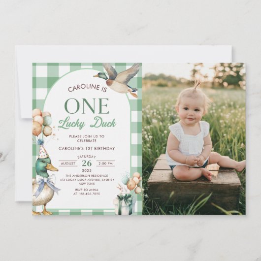 グリーンワンラッキーアヒル1stバースデーフォト招待状 招待状 (正面)