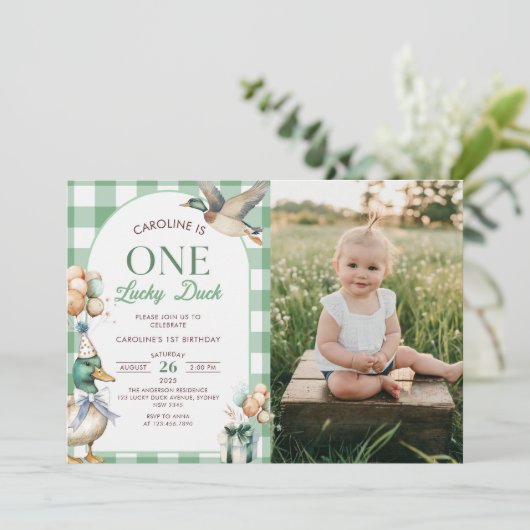グリーンワンラッキーアヒル1stバースデーフォト招待状 招待状 (スタンド正面)