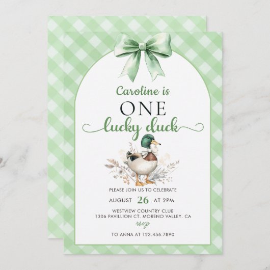 グリーンワンラッキーアヒル1st誕生日招待状 招待状 (正面/裏面)