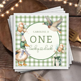 グリーンワンラッキーダックバルーン1stバースデーナプキンス スタンダードカクテルナプキン