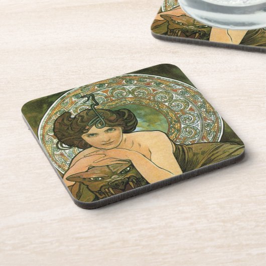 グリーンヴィンテージエメラルドテンプレスアールヌーボーミュシャ コースター (左側)