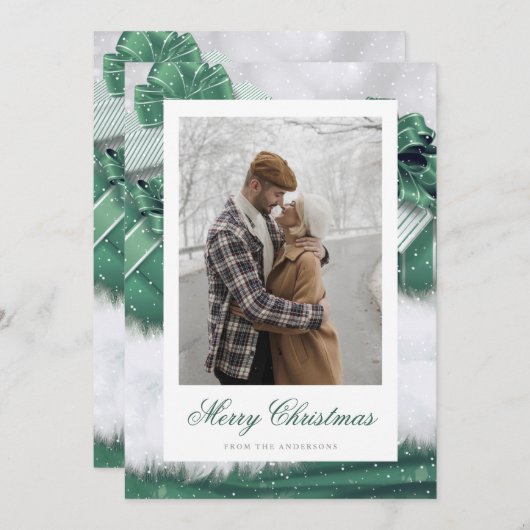 グリーンヴィンテージギフト雪写真クリスマスカード シーズンカード (正面/裏面)
