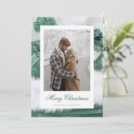グリーンヴィンテージギフト雪写真クリスマスカード シーズンカード (スタンド正面)