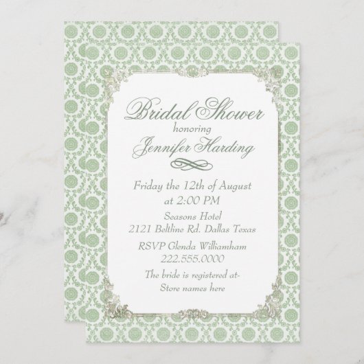 グリーンヴィンテージシャビーブライダルティーパーティー 招待状 (正面/裏面)