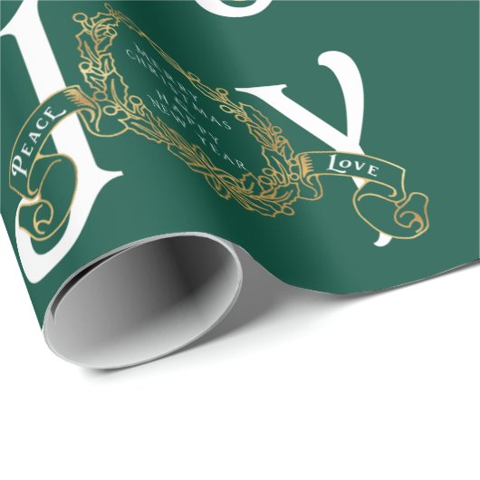グリーンヴィンテージジョイピースラブ金ゴールド上品なクリスマス ラッピングペーパー (ロールコーナー)