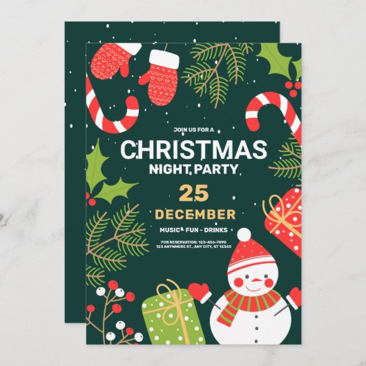 グリーンヴィンテージスノーマンクリスマスパーティー、クリスマス 招待状 (正面/裏面)