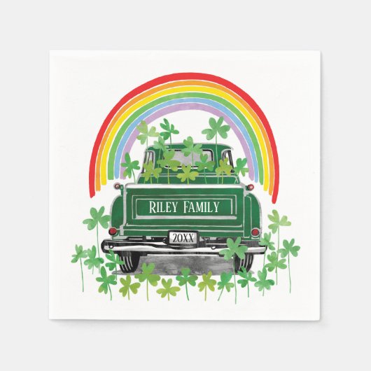 グリーンヴィンテージトラックシャムロックレインボーネーム スタンダードカクテルナプキン (正面)