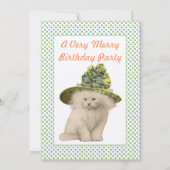 グリーンヴィンテージハット誕生日パーティー付き猫 招待状 (裏面)