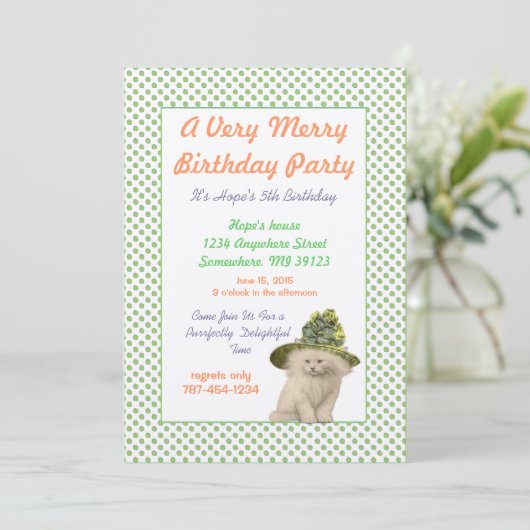 グリーンヴィンテージハット誕生日パーティー付き猫 招待状 (スタンド正面)