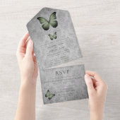 グリーンヴィンテージバタフライダマスコウェディング オールインワン招待状 (貼ってはがせる)