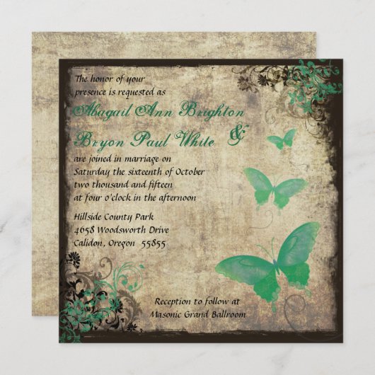 グリーンヴィンテージバタフライ結婚式招待状 招待状 (正面/裏面)