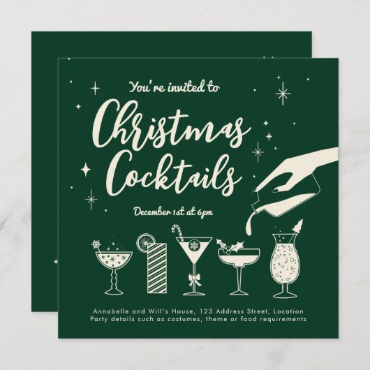 グリーンヴィンテージホリデードリンクとカクテル招待状 招待状 (正面/裏面)