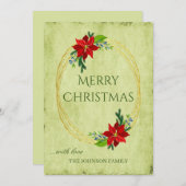 グリーンヴィンテージメリークリスマスとポインセチア シーズンカード (正面/裏面)