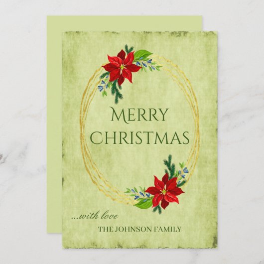 グリーンヴィンテージメリークリスマスとポインセチア シーズンカード (正面/裏面)